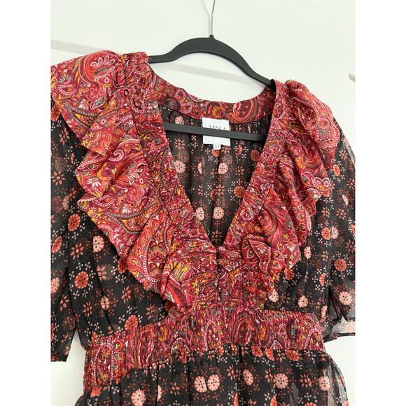 $295 MISA Women's Red Paisely Print Deep V-Neck Blouse Top Size XS - Picture 4 of 7
